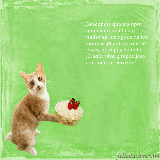 Tarjeta de cumpleaños con gato y pastel de cumpleaños Deseamos que siempre tengas un objetivo y nades en Tarjeta de cumpleaños con gato y pastel de cumpleaños
