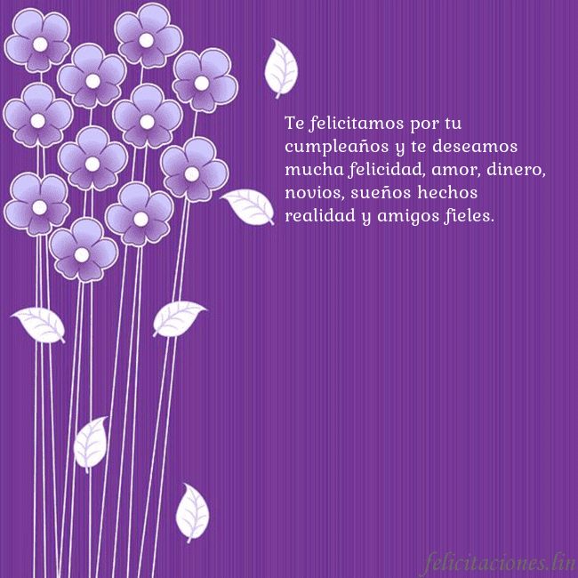 Tarjeta con flores violetas Te felicitamos por tu cumpleaños y te deseamos muc Tarjeta con flores violetas