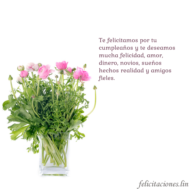 Tarjeta con flores en un jarrón Te felicitamos por tu cumpleaños y te deseamos muc Tarjeta con flores en un jarrón