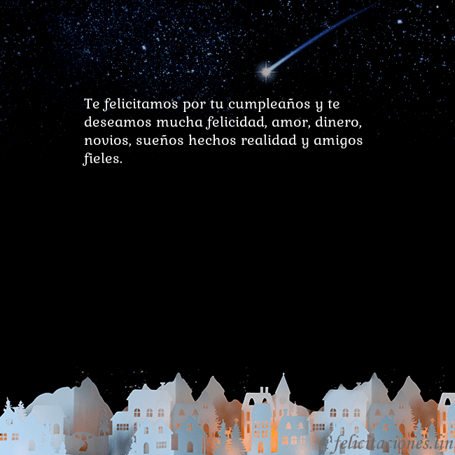 Tarjeta negra con un cometa Te felicitamos por tu cumpleaños y te deseamos muc Tarjeta negra con un cometa