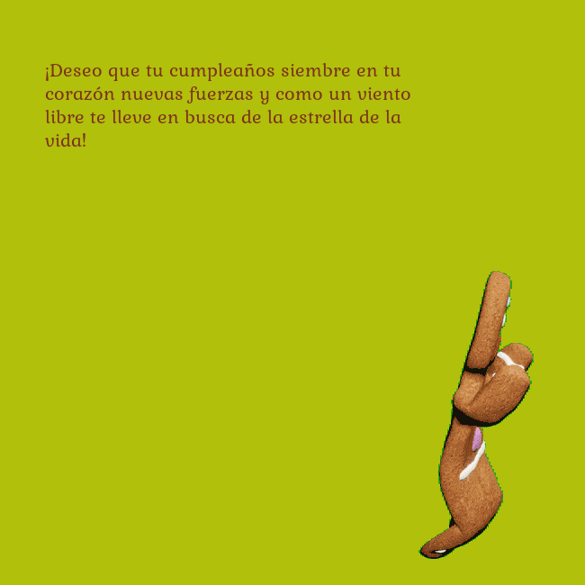 Postal electrónica animada con pan de jengibre bailando ¡Deseo que tu cumpleaños siembre en tu corazón nue Postal electrónica animada con pan de jengibre bailando