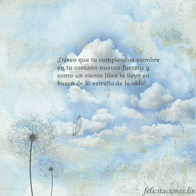 Tarjeta de cumpleaños con nubes, pelusa de leche y mariposa. ¡Deseo que tu cumpleaños siembre en tu corazón nue Tarjeta de cumpleaños con nubes, pelusa de leche y mariposa.