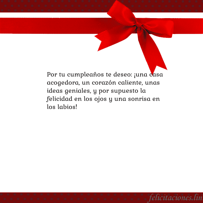 Tarjeta con cinta roja Por tu cumpleaños te deseo: ¡una casa acogedora, u Tarjeta con cinta roja