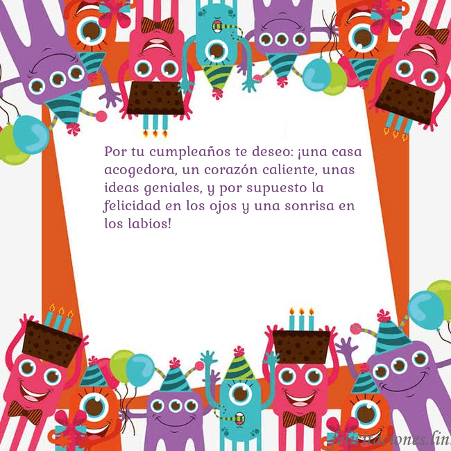 Tarjeta con monstruos Por tu cumpleaños te deseo: ¡una casa acogedora, u Tarjeta con monstruos