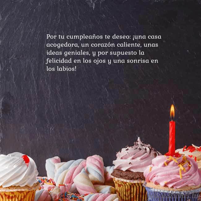 Tarjeta con muchos cupcakes y una vela Por tu cumpleaños te deseo: ¡una casa acogedora, u Tarjeta con muchos cupcakes y una vela