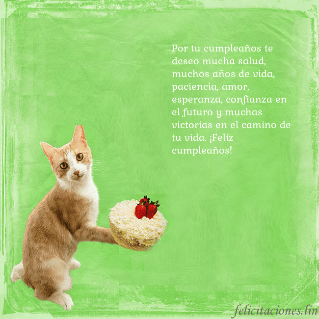 Tarjeta de cumpleaños con gato y pastel de cumpleaños Por tu cumpleaños te deseo mucha salud, muchos año Tarjeta de cumpleaños con gato y pastel de cumpleaños
