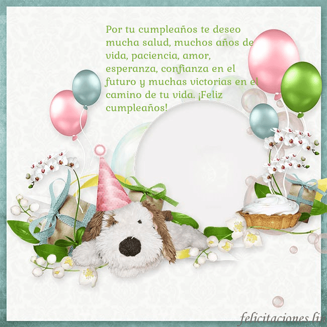 Tarjeta de cumpleaños con perrito y globos Por tu cumpleaños te deseo mucha salud, muchos año Tarjeta de cumpleaños con perrito y globos