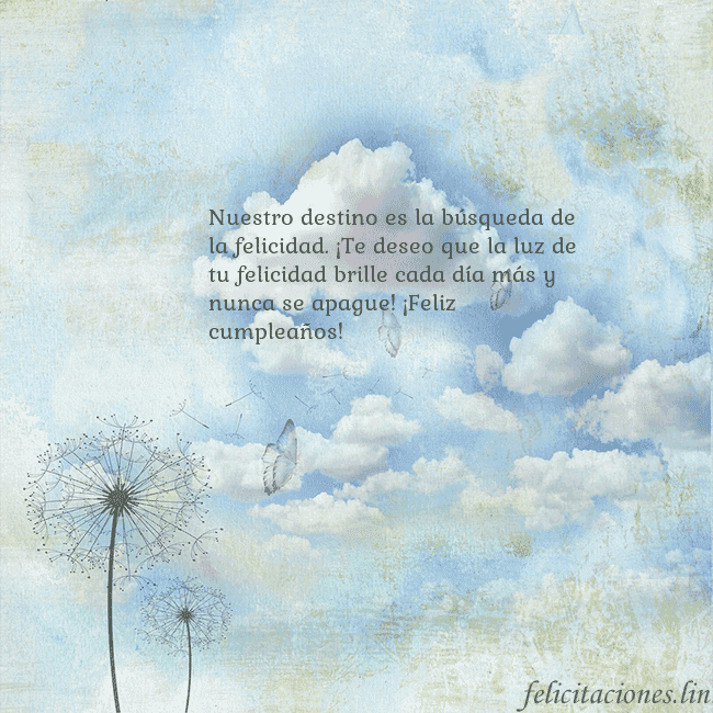 Tarjeta de cumpleaños con nubes, pelusa de leche y mariposa. Nuestro destino es la búsqueda de la felicidad. ¡T Tarjeta de cumpleaños con nubes, pelusa de leche y mariposa.