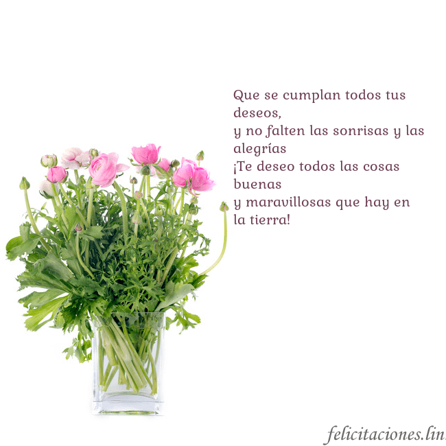 Tarjeta con flores en un jarrón Que se cumplan todos tus deseos,
y no falten las s Tarjeta con flores en un jarrón