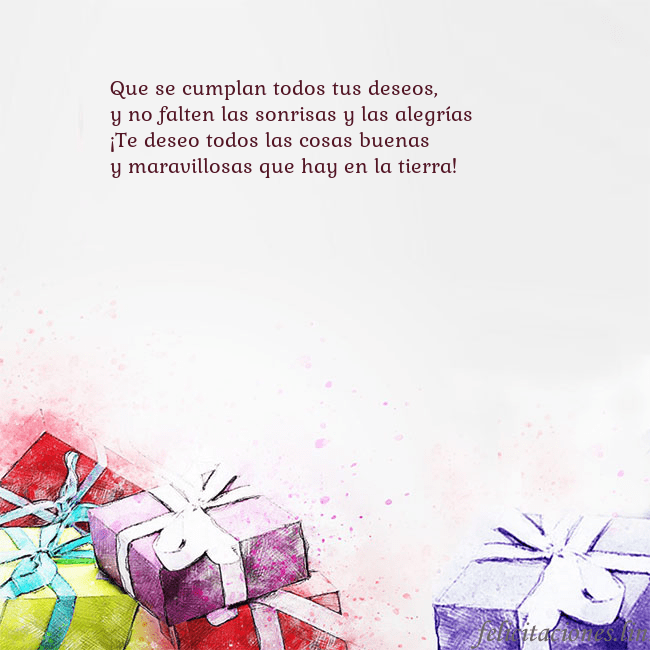 Tarjeta de cumpleaños con regalos pintados con acuarela Que se cumplan todos tus deseos,
y no falten las s Tarjeta de cumpleaños con regalos pintados con acuarela