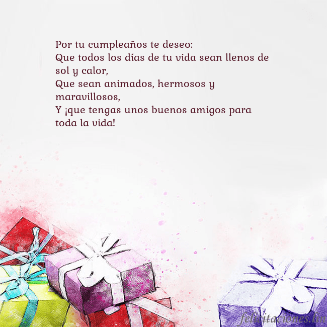 Tarjeta de cumpleaños con regalos pintados con acuarela Por tu cumpleaños te deseo:
Que todos los días de Tarjeta de cumpleaños con regalos pintados con acuarela