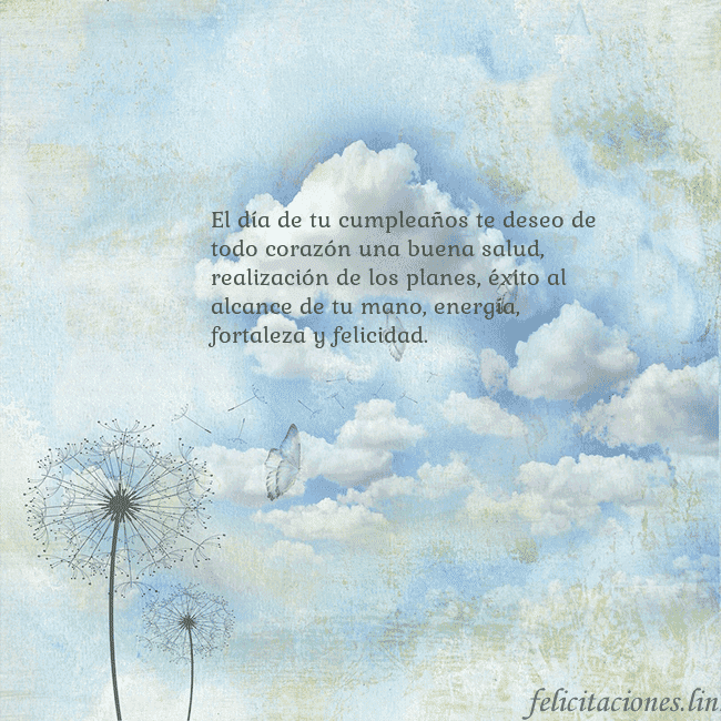 Tarjeta de cumpleaños con nubes, pelusa de leche y mariposa. El día de tu cumpleaños te deseo de todo corazón u Tarjeta de cumpleaños con nubes, pelusa de leche y mariposa.