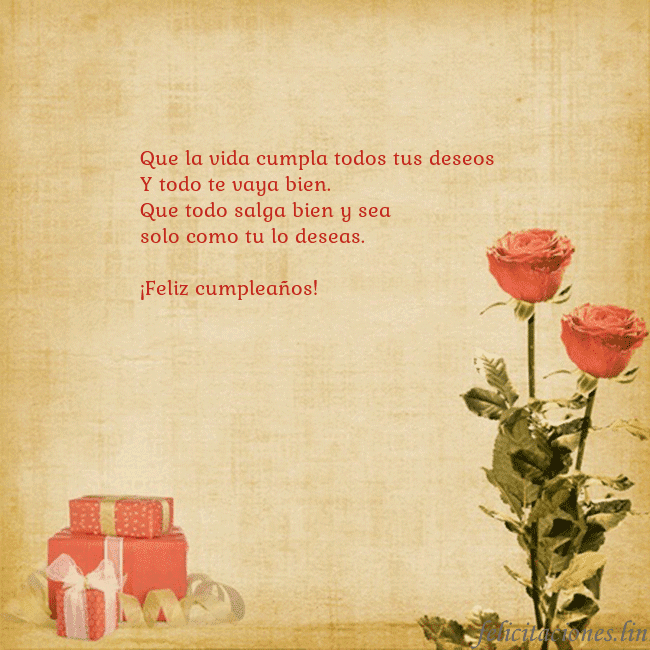 Tarjeta con rosas y regalos Que la vida cumpla todos tus deseos
Y todo te vaya Tarjeta con rosas y regalos