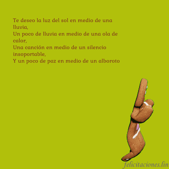 Postal electrónica animada con pan de jengibre bailando Te deseo la luz del sol en medio de una lluvia,
Un Postal electrónica animada con pan de jengibre bailando