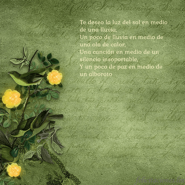 Postal verde con flores amarillas Te deseo la luz del sol en medio de una lluvia,
Un Postal verde con flores amarillas