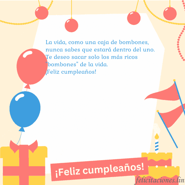 Tarjeta de cumpleaños animada con pastel La vida, como una caja de bombones, nunca sabes qu Tarjeta de cumpleaños animada con pastel