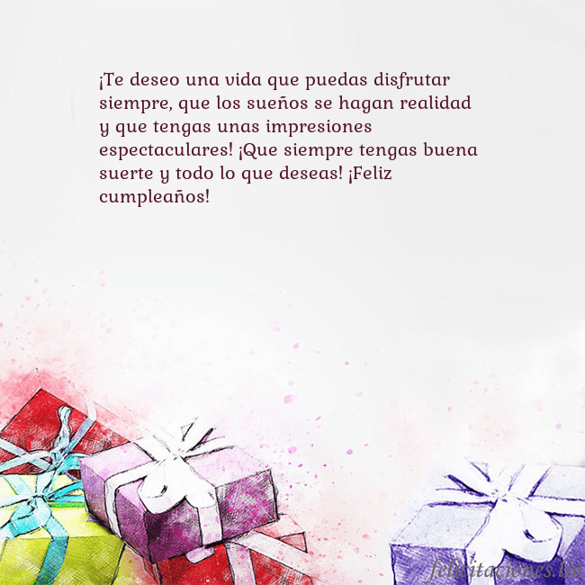 Tarjeta de cumpleaños con regalos pintados con acuarela ¡Te deseo una vida que puedas disfrutar siempre, q Tarjeta de cumpleaños con regalos pintados con acuarela