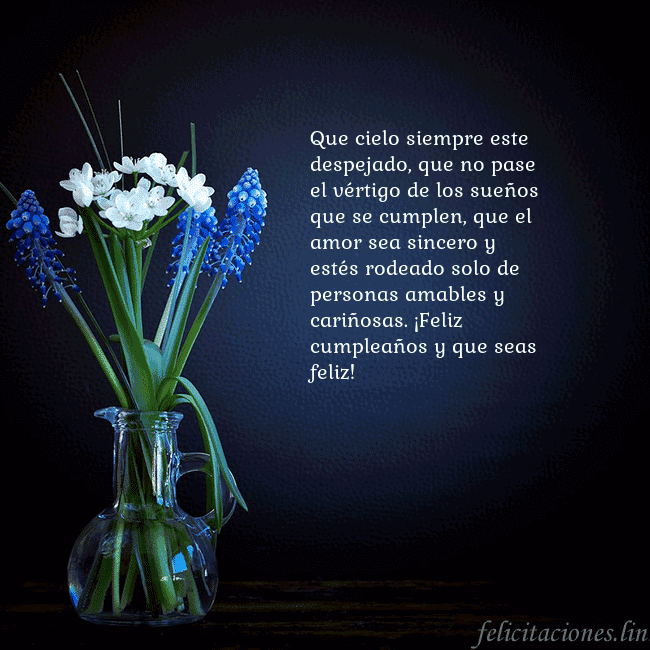 Tarjeta de cumpleaños con flores azules en un jarrón Que cielo siempre este despejado, que no pase el v Tarjeta de cumpleaños con flores azules en un jarrón