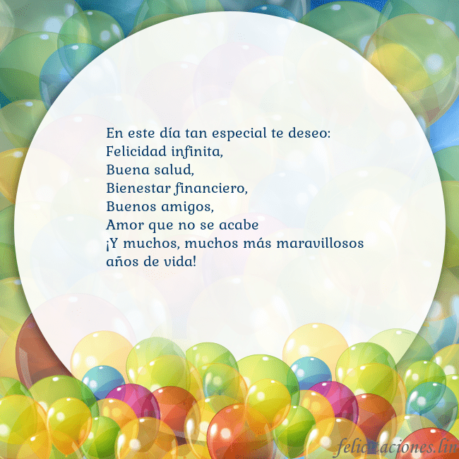 Tarjeta con muchos globos de colores En este día tan especial te deseo:
Felicidad infin Tarjeta con muchos globos de colores