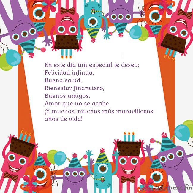 Tarjeta con monstruos En este día tan especial te deseo:
Felicidad infin Tarjeta con monstruos