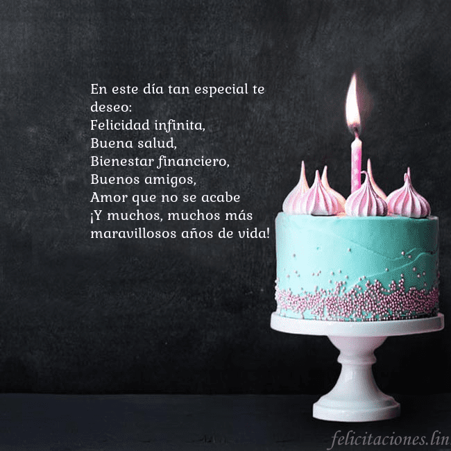 Tarjeta de cumpleaños con pastel y vela En este día tan especial te deseo:
Felicidad infin Tarjeta de cumpleaños con pastel y vela
