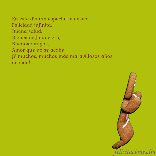 Postal electrónica animada con pan de jengibre bailando En este día tan especial te deseo:
Felicidad infin Postal electrónica animada con pan de jengibre bailando