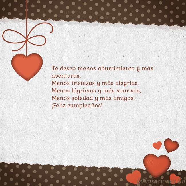 Tarjeta con corazones Te deseo menos aburrimiento y más aventuras,
Menos Tarjeta con corazones