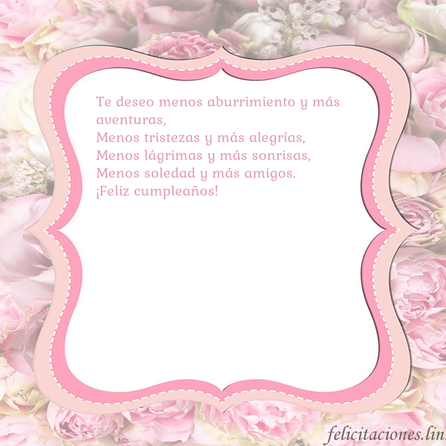 Tarjeta de cumpleaños - marco rosa Te deseo menos aburrimiento y más aventuras,
Menos Tarjeta de cumpleaños - marco rosa