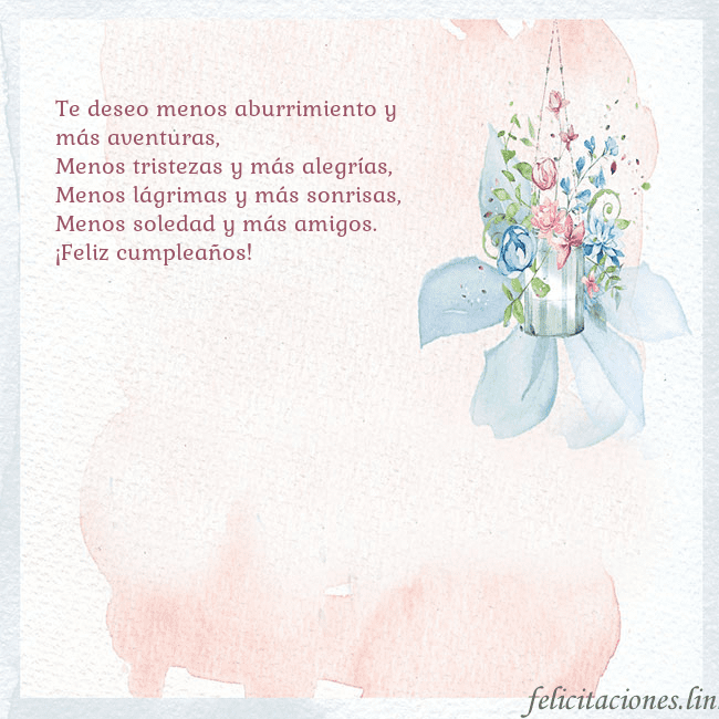 Tarjeta de cumpleaños con flores de acuarela Te deseo menos aburrimiento y más aventuras,
Menos Tarjeta de cumpleaños con flores de acuarela