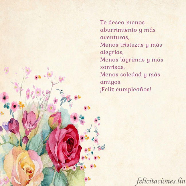 Tarjeta de cumpleaños con rosas pintadas en acuarela Te deseo menos aburrimiento y más aventuras,
Menos Tarjeta de cumpleaños con rosas pintadas en acuarela
