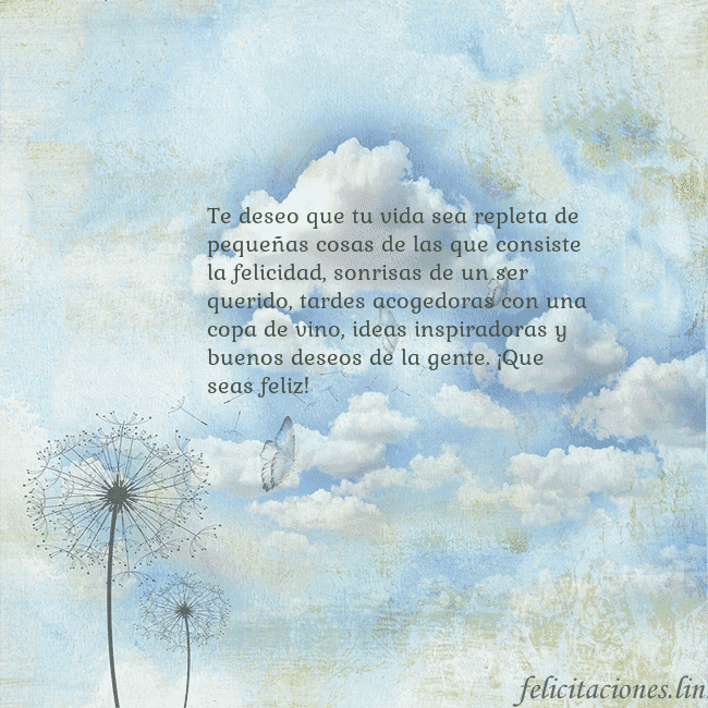 Tarjeta de cumpleaños con nubes, pelusa de leche y mariposa. Te deseo que tu vida sea repleta de pequeñas cosas Tarjeta de cumpleaños con nubes, pelusa de leche y mariposa.