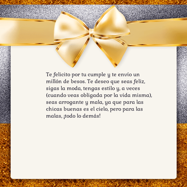 Tarjeta con una gran cinta dorada Te felicito por tu cumple y te envío un millón de Tarjeta con una gran cinta dorada