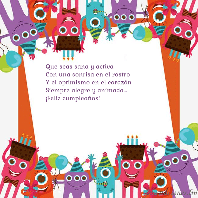 Tarjeta con monstruos Que seas sana y activa
Con una sonrisa en el rostr Tarjeta con monstruos