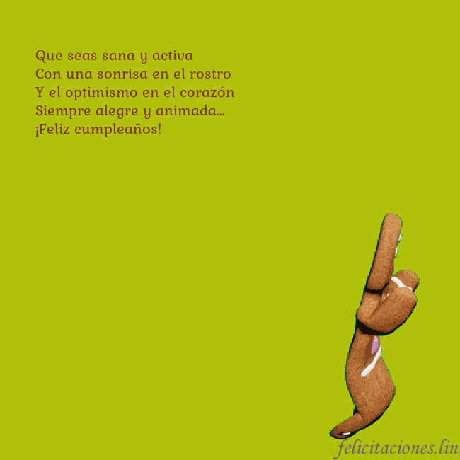 Postal electrónica animada con pan de jengibre bailando Que seas sana y activa
Con una sonrisa en el rostr Postal electrónica animada con pan de jengibre bailando