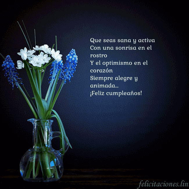 Tarjeta de cumpleaños con flores azules en un jarrón Que seas sana y activa
Con una sonrisa en el rostr Tarjeta de cumpleaños con flores azules en un jarrón