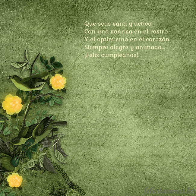 Postal verde con flores amarillas Que seas sana y activa
Con una sonrisa en el rostr Postal verde con flores amarillas
