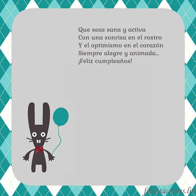 Tarjeta de cumpleaños con un conejito Que seas sana y activa
Con una sonrisa en el rostr Tarjeta de cumpleaños con un conejito