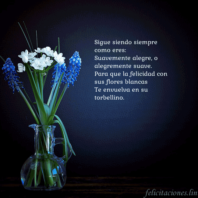 Tarjeta de cumpleaños con flores azules en un jarrón Sigue siendo siempre como eres:
Suavemente alegre, Tarjeta de cumpleaños con flores azules en un jarrón
