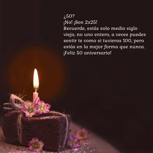 Postal animada: un pastel con una vela encendida ¿50?
¡No! ¡Son 2x25!
Recuerde, estás solo medio si Postal animada: un pastel con una vela encendida