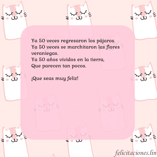 Tarjeta de cumpleaños rosa con gatos divertidos Ya 50 veces regresaron los pájaros.
Ya 50 veces se Tarjeta de cumpleaños rosa con gatos divertidos