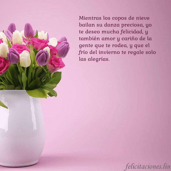 Tarjeta de cumpleaños con tulipanes en un jarrón Mientras los copos de nieve bailan su danza precio Tarjeta de cumpleaños con tulipanes en un jarrón