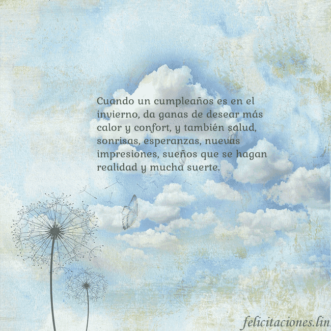 Tarjeta de cumpleaños con nubes, pelusa de leche y mariposa. Cuando un cumpleaños es en el invierno, da ganas d Tarjeta de cumpleaños con nubes, pelusa de leche y mariposa.