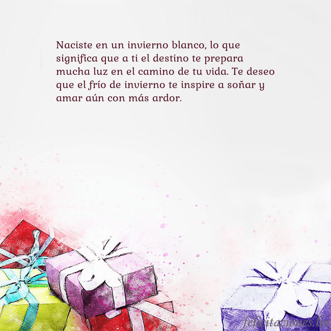 Tarjeta de cumpleaños con regalos pintados con acuarela Naciste en un invierno blanco, lo que significa qu Tarjeta de cumpleaños con regalos pintados con acuarela