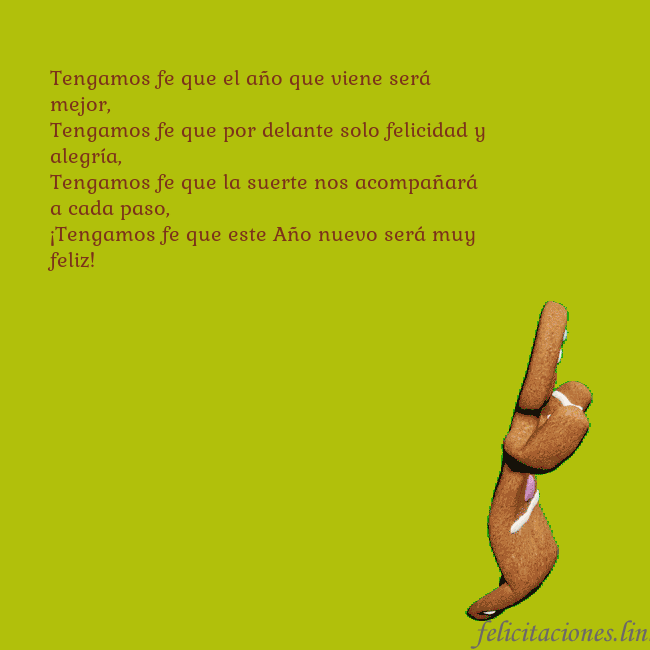 Postal electrónica animada con pan de jengibre bailando Tengamos fe que el año que viene será mejor,
Tenga Postal electrónica animada con pan de jengibre bailando