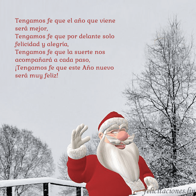 Tarjeta de felicitación con Papá Noel y árboles cubiertos de nieve Tengamos fe que el año que viene será mejor,
Tenga Tarjeta de felicitación con Papá Noel y árboles cubiertos de nieve