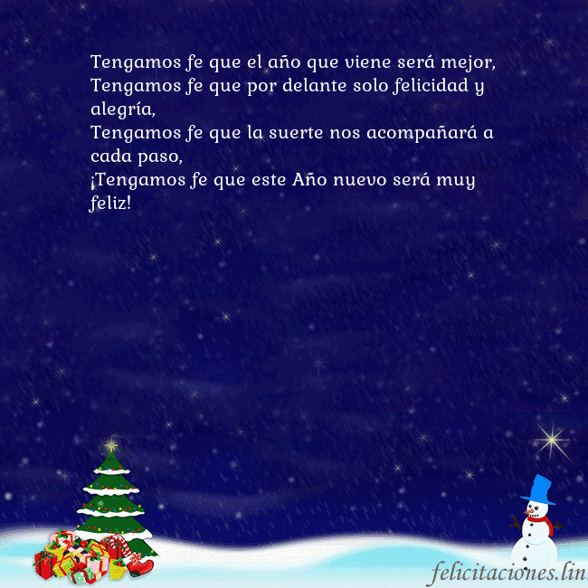 Tarjeta de felicitación con un muñeco de nieve, un árbol de Navidad y regalos Tengamos fe que el año que viene será mejor,
Tenga Tarjeta de felicitación con un muñeco de nieve, un árbol de Navidad y regalos