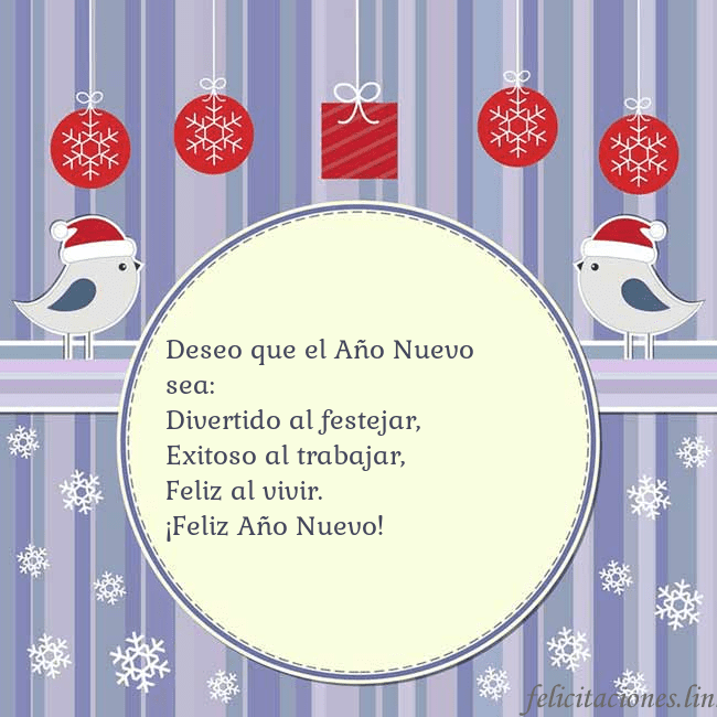 Tarjeta con pájaros navideños Deseo que el Año Nuevo sea:
Divertido al festejar, Tarjeta con pájaros navideños