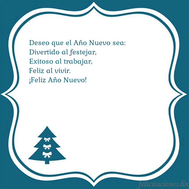 Tarjeta con un árbol de Navidad azul Deseo que el Año Nuevo sea:
Divertido al festejar, Tarjeta con un árbol de Navidad azul