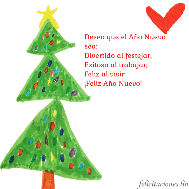 Tarjeta con un árbol de Navidad pintado y un corazón Deseo que el Año Nuevo sea:
Divertido al festejar, Tarjeta con un árbol de Navidad pintado y un corazón