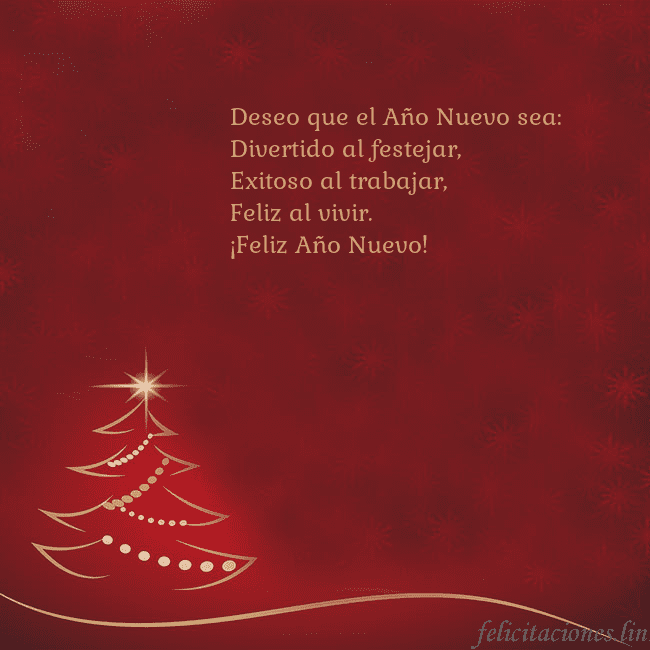 Tarjeta de Navidad roja con árbol de Navidad dorado Deseo que el Año Nuevo sea:
Divertido al festejar, Tarjeta de Navidad roja con árbol de Navidad dorado